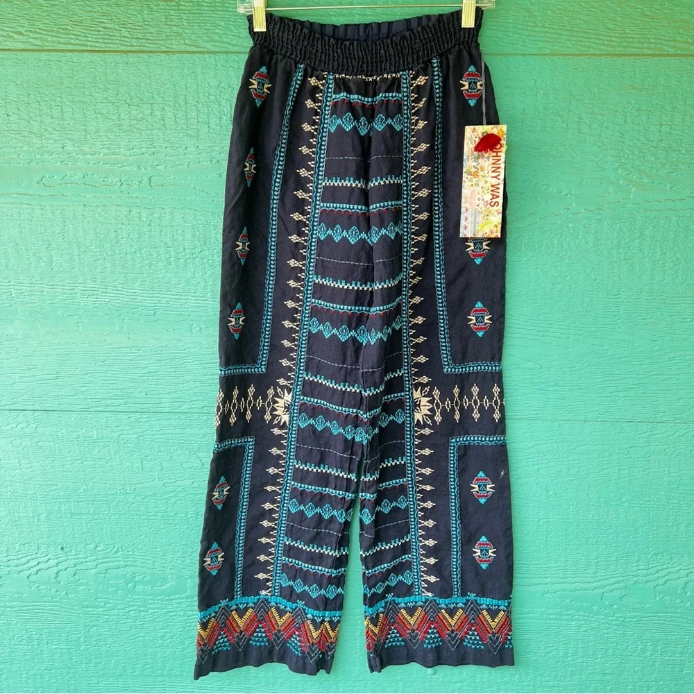 JOHNNY WAS FULLY EMBROIDERED WIDE LEG LINEN PANTS SIZE SMALL NWT - Picture 1 of 6
